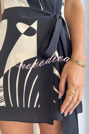 Unique Printed Open Back Waist Tie Holiday Mini Dress