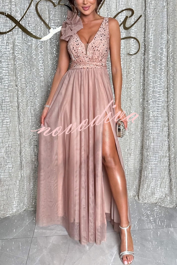 Everlasting Party Sequin Tulle Ruffles Shoulder Design Slit Maxi Dress