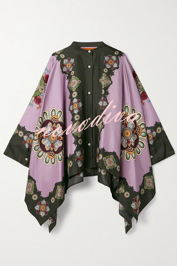 Satin Unique Print Loose Batwing Sleeve Top and Elastic Waist Pocket Casual Wide-leg Pants Set