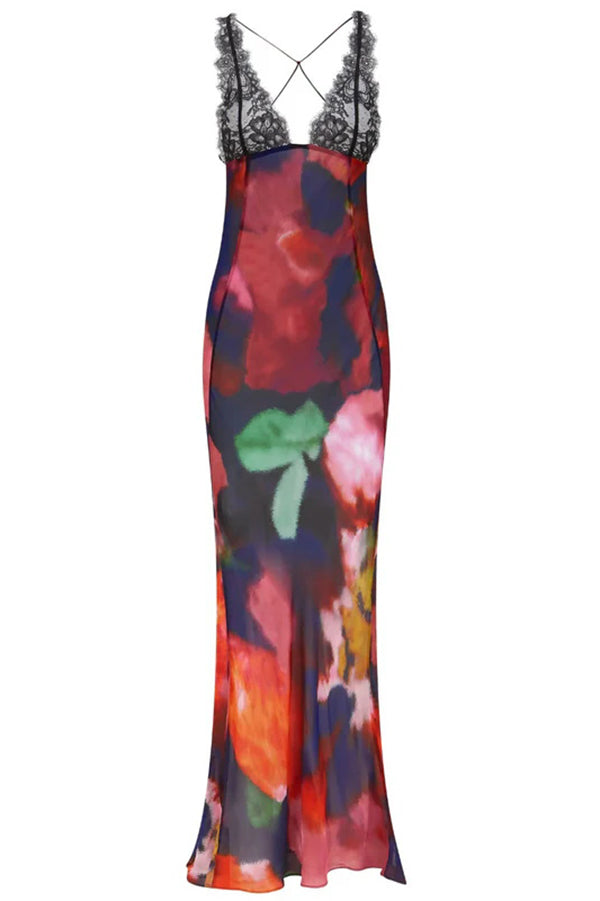 Unique Printed Sexy Lace V-neck Backless Maxi Dress