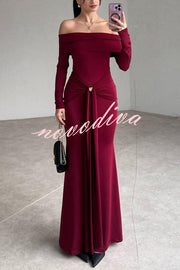 Naia Off Shoulder Long Sleeve Metal Buckle Adjustment Drape Stretch Maxi Dress