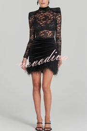 Freya Floral Lace Velvet Patchwork Feather Trim Ruched Stretch Mini Dress