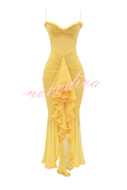 Retro Romantic Style Mesh Ruffle Trim Ruched Slit High Low Maxi Dress