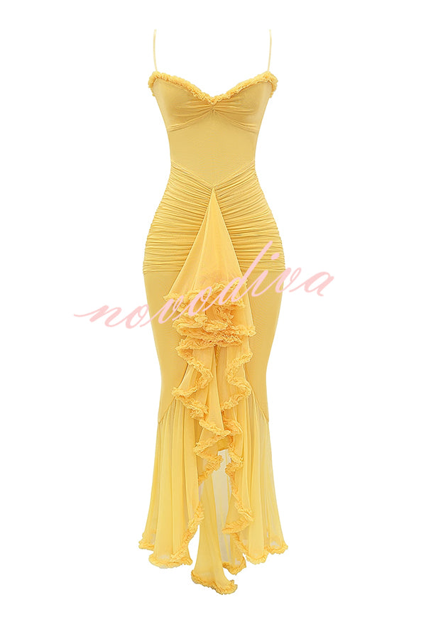 Retro Romantic Style Mesh Ruffle Trim Ruched Slit High Low Maxi Dress