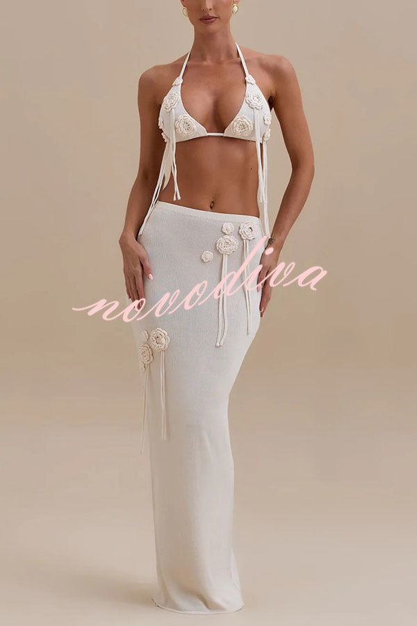 Sexy Crochet Floral Halter Top and Stretch Knit Beach Cover Up Skirt Set