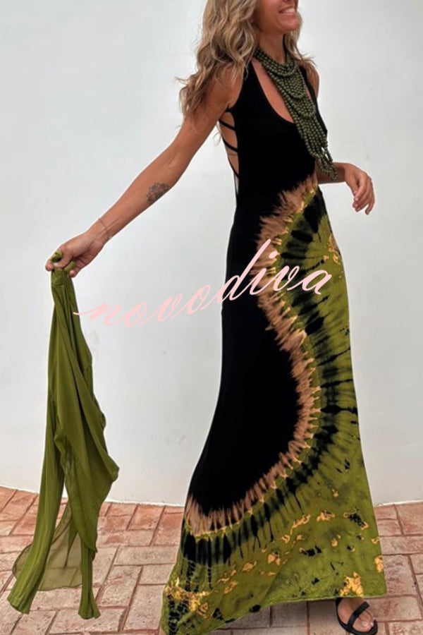 Summer Adventures Tie-dye Print Back Lace-up Stretch Maxi Dress