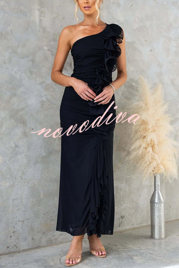 Fashion One-shoulder Pleated Sexy High Slit Slim Dress