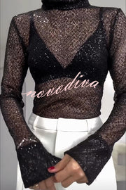 Shimmering Twilight Sequin Turtleneck Long Slit Sleeve H-line Blouse