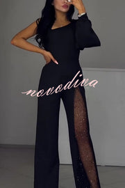 Fashionable Oblique Shoulder One-sleeve Sexy High Slit Slim Jumpsuit