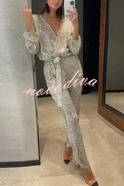 Cheers To You Sequin Long Sleeve Belted Wrap Loose Jumpsuit