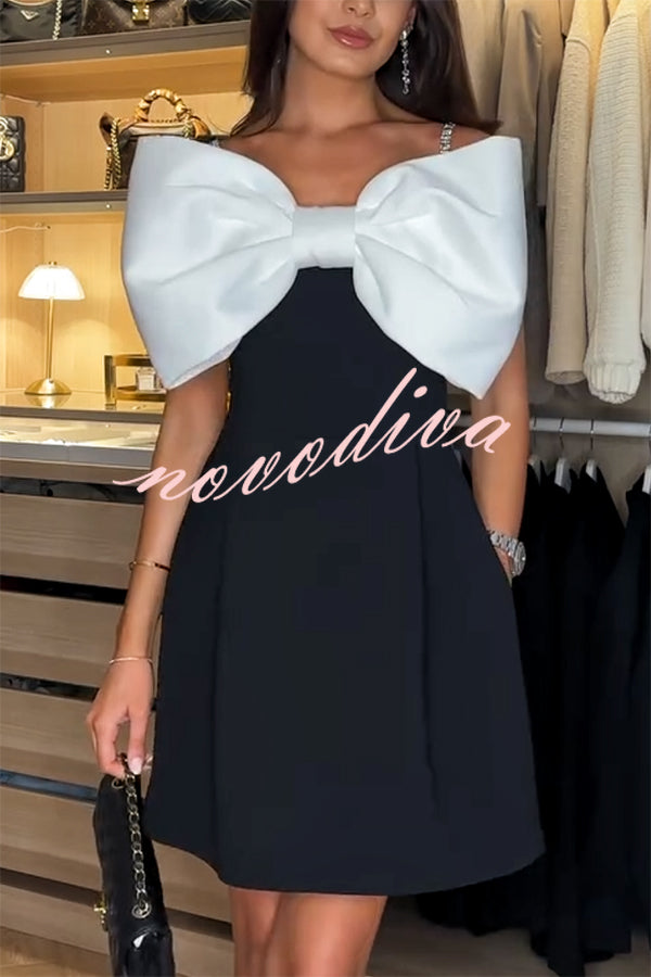 Eye-catching Satin Bow Applique Diamond Strap Contrast Pocketed Mini Dress