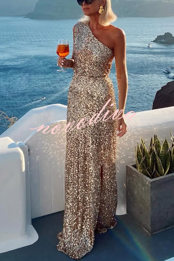 Santorini Night Sequin Fabric One Shoulder Slit Maxi Dress