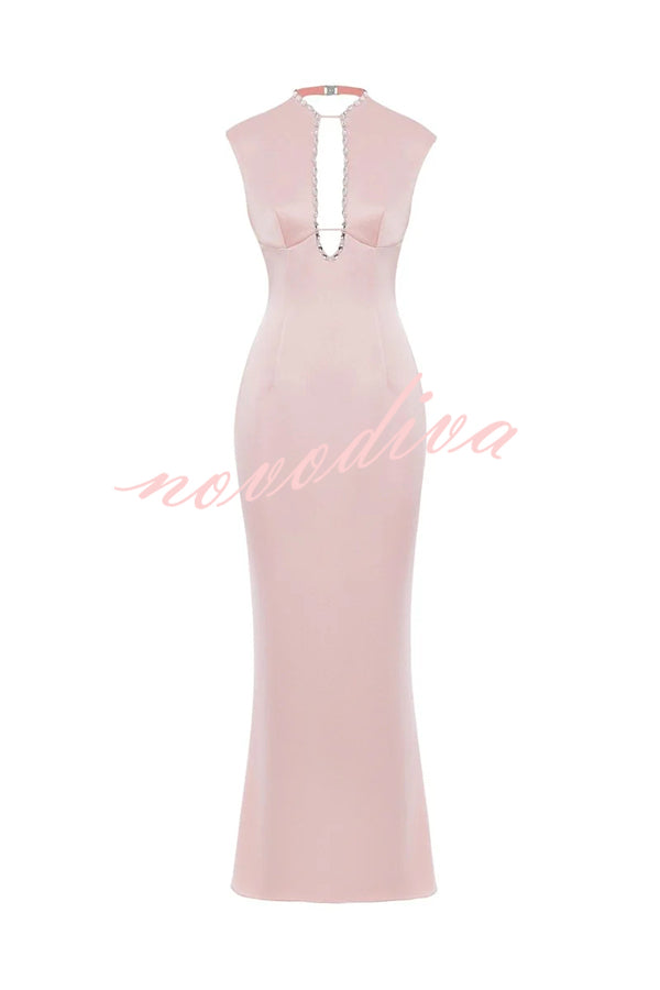 Cheongsam Chic Satin Sparkly Trim Cutouts Backless Maxi Dress