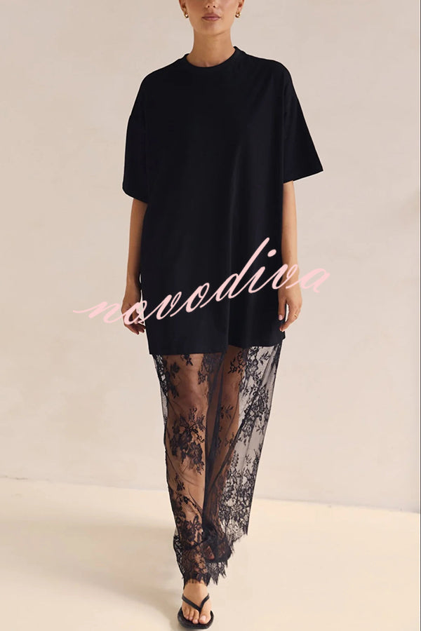 Ophelia Short Sleeve Sheer Floral Lace Hem Oversized T-shirt Maxi Dress