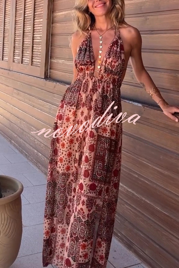 Boho Unique Printed Ring Halter Neck Open Back Slit Maxi Dress