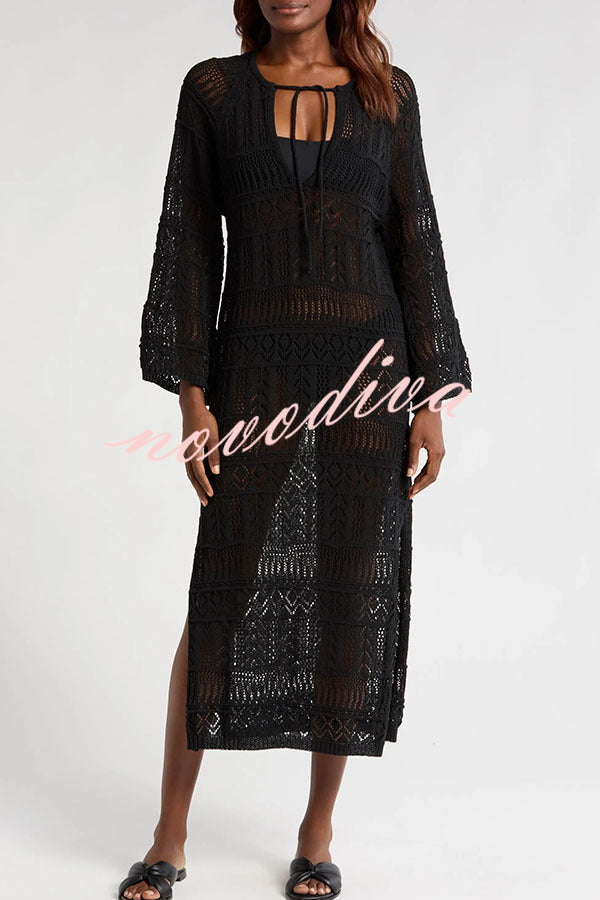 Hollie Knit Unique Pattern Tie-up Long Sleeve Cover-Up Midi Dress