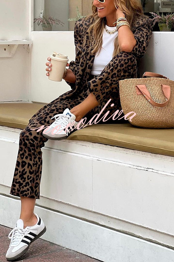 Wild Personality Leopard Pocket Relaxed Lapel Blazer and Elastic Waist Pants Set