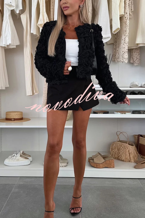 Fashionable Three-dimensional Flower Casual Long-sleeved Cropped Jacket