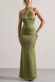 Solid Color Halter Neck Tie Sexy Backless Slim Maxi Dress