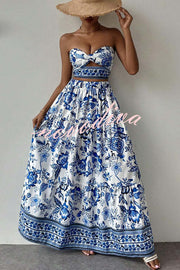 Floral Print Cutout Bandeau Top and Elastic Waist Full Maxi Skirt Set