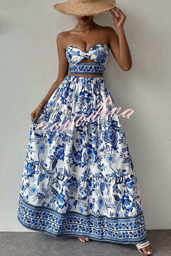 Floral Print Cutout Bandeau Top and Elastic Waist Full Maxi Skirt Set