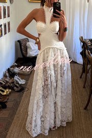 A Girls' Trip Lace High Neck Cutout Drop Waist Ruffles Maxi Dress