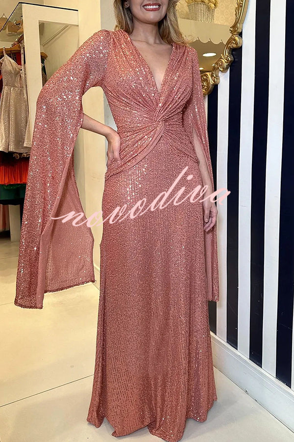 Shine Brighter Sequin Cape Sleeve Cross Waist Evening Maxi Dress