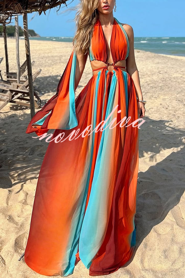 Variety of Styles Tulle Printed Ring Hollow Design Slit Vacation Maxi Dress