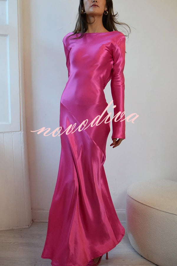 Satin Elegant Long-sleeved Open-back Slim-fit Slit Maxi Dress