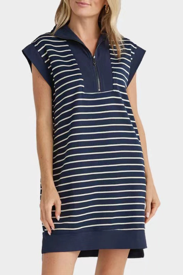 Striped Print Zipper Lapel Sleeveless Casual Mini Dress