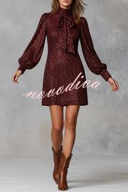 Gift for Me Sequin High Neck Bow Tie Long Lantern Sleeve Party Mini Dress