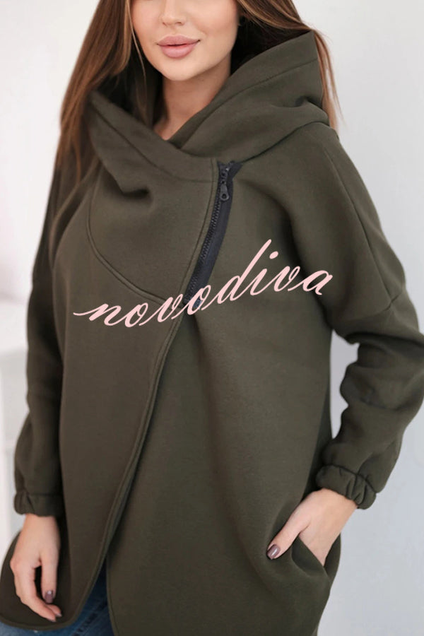Solid Color Loose Hooded Zip-up Casual Sports Jacket
