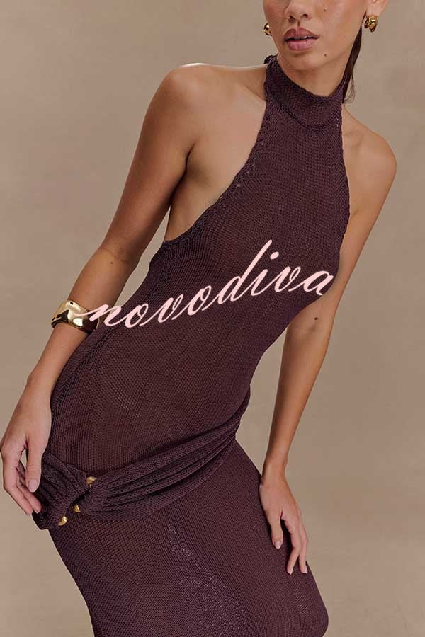 Quiet Confidence Knit Ruched Hip Halter Backless Stretch Maxi Dress
