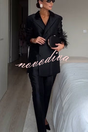 Chic Affair Satin Feather Trim Lapel Loose Blazer and High Rise Pocket Tapered Pants Set