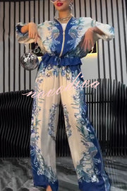 Unique Printed Casual Long-sleeved Loose Top and Elastic Waist Pocket Wide-leg Pants Set