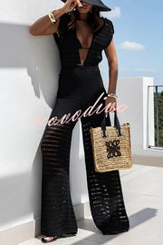 Solid Color Knitted V-neck Holiday Hollow Casual Jumpsuit