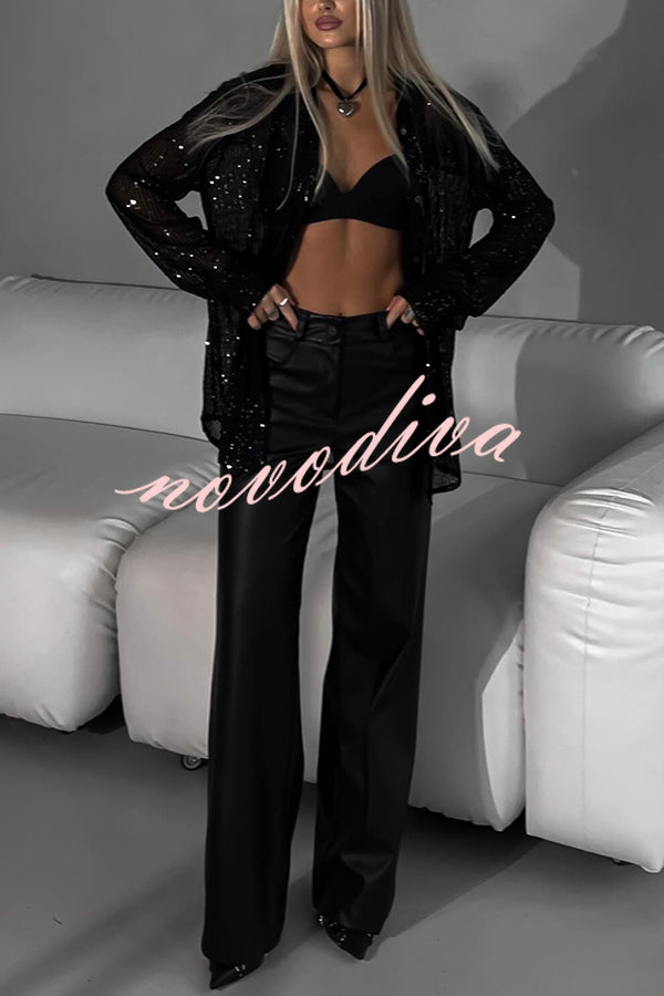 Fashion Sequin Lapel Long Sleeve Loose Shirt