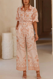 Linen Blend Lapel Puff Sleeve Loose Shirt and Casual Pocket Straight Pants Set