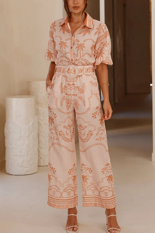 Linen Blend Lapel Puff Sleeve Loose Shirt and Casual Pocket Straight Pants Set