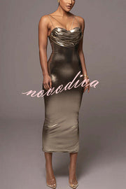 Visions of You Metallic Fabric Cowl Neck Removable Straps Stretch Midi Dress