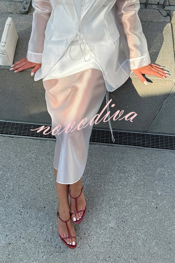 Simple and Light See-through Fabric Mid Rise Pencil Slit Midi Skirt