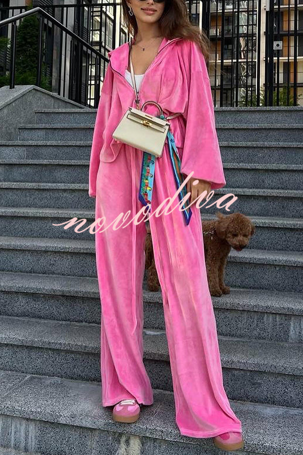 Velvet Casual Zip-up Hooded Top and Elastic Waist Wide Leg Pants Set