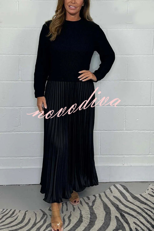 Stylish Knitted Round Neck Long Sleeve Patchwork Pleated Hem Maxi Dress