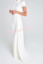 Pippa High Neck Short Sleeve Irregular Drape Hem Top and Elastic Waist Flare Pants Set