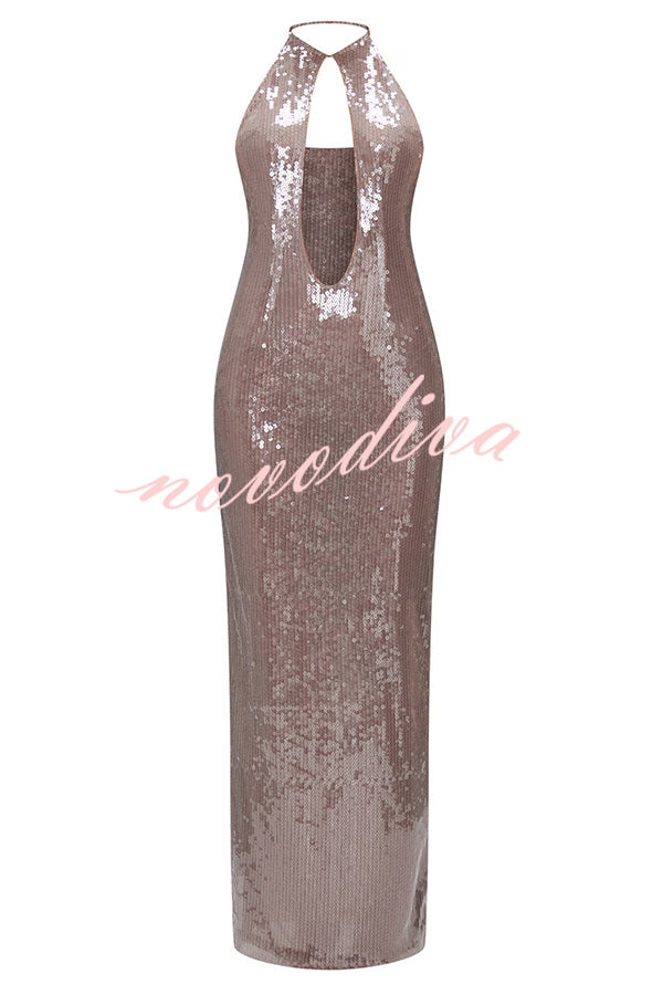 Light Up The City Sequin Cutout U-neck Back Lace-up Maxi Dress