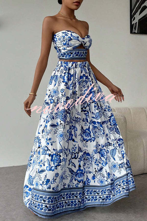 Floral Print Cutout Bandeau Top and Elastic Waist Full Maxi Skirt Set