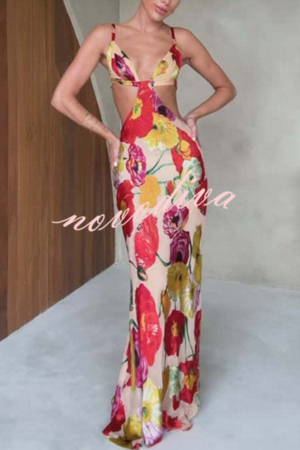 Hawaiian Dreams Satin Floral Print Cutout Backless Maxi Dress