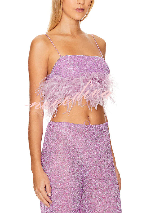 Music Carnival Glitter Stretch Fabric Feather Trim Tank and Elastic Waisted Flared Pants Set