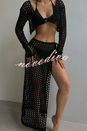 Solid Color Sexy Hollow Long Sleeve Top and Lace-up Slit Knitted Cover-up Maxi Skirt Set