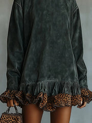 Fashionable Leopard Print Patchwork Loose Turtleneck Long-sleeved Casual Mini Dress